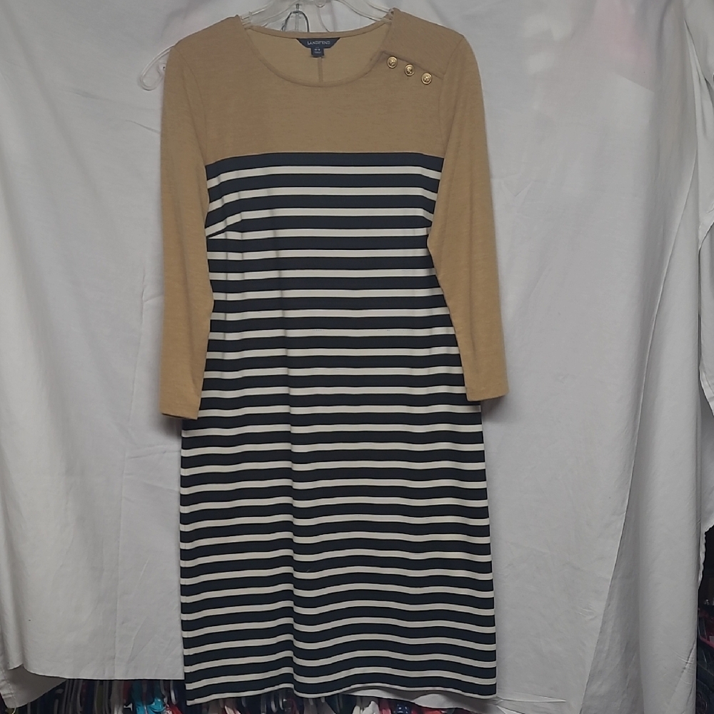 Lands' End Black and Tan Striped Long Sleeve Dress